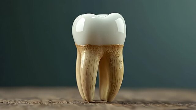 Detailed molar tooth anatomy illustration displaying root structure and enamel health