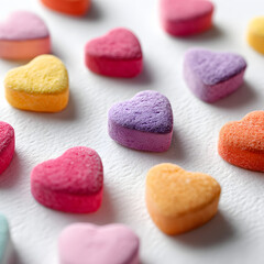 Obraz premium A whimsical arrangement of candy hearts, radiating joy and love on a pure white backdrop.