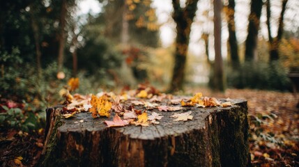Obraz premium Autumnal Forest: Fallen Leaves on Tree Stump