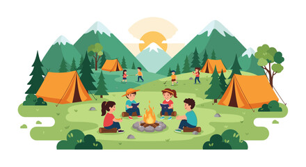 Naklejka premium Children enjoying a camping trip around a campfire in the mountains.