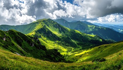Obraz premium Lush Green Mountain Range Under Dramatic Cloudy Sky Daylight Panorama