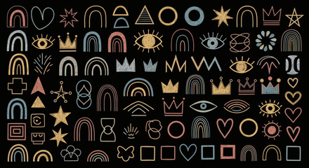 Fototapeta premium A colorful collection of hand-drawn abstract shapes and symbols in a bohemian style.