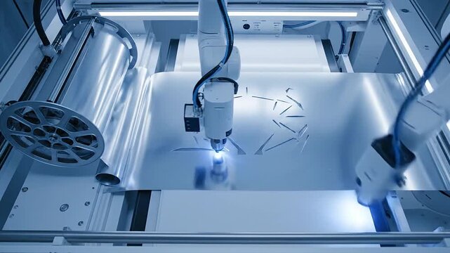Robotic arms laser cutting intricate patterns on metal sheet