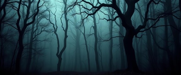 Obraz premium Dark, ominous forest scene with gnarled trees and mist, horror, forest