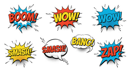 Collection of vibrant comic book sound effect words bursting with energy and excitement.