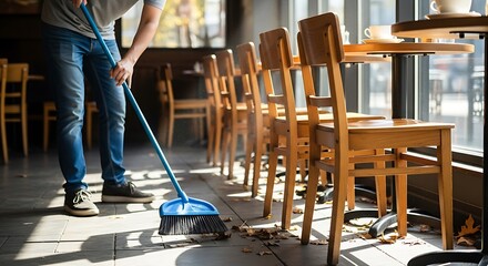 Cafe worker sweeping the floor with tidying up the interior restaurant, and day light.