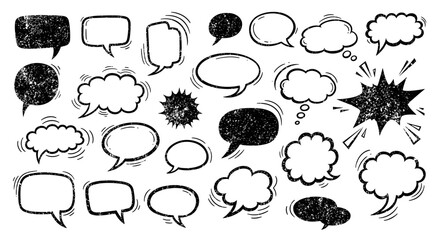 Fototapeta premium A collection of diverse hand-drawn speech bubbles and thought clouds conveying communication and ideas in a graphic style.