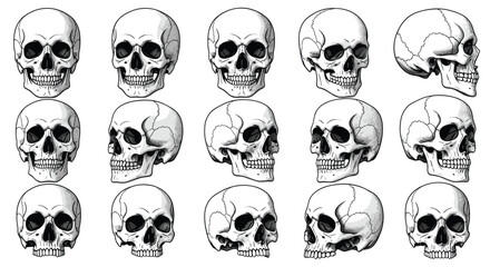 Fototapeta premium A collection of detailed anatomical illustrations showcasing human skulls from various angles.