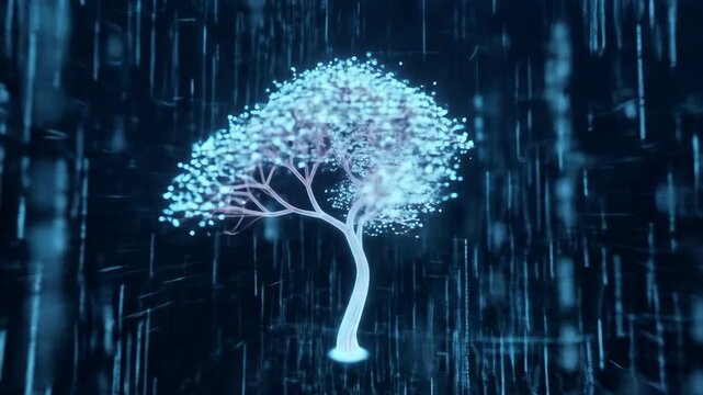 Glowing Digital Tree Against Blue Futuristic Background Abstract Concept