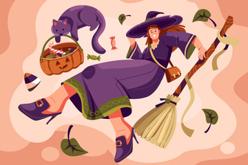 A young witch in a purple costume flying on a broom with a pumpkin basket of candy and a black cat.