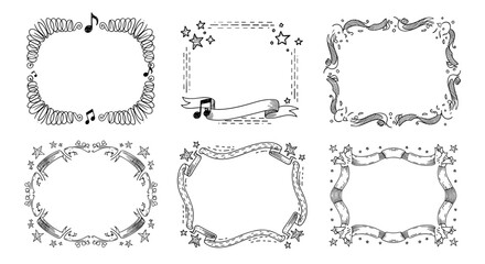Hand drawn decorative musical borders and frames with notes and stars.