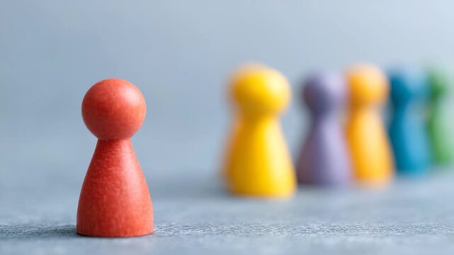Red pawn leadership and individuality with colorful game pieces in row, symbolizing diversity, teamwork, and inclusion, as red wooden pawn stands alone in focus, representing unique identity