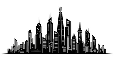Naklejka premium Black and white skyline illustration of a modern city with skyscrapers.