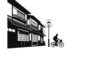 A silhouette of a person riding a bicycle past traditional Japanese buildings and a street lamp.