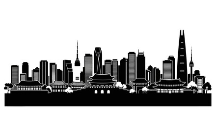 Naklejka premium Seoul skyline silhouette with skyscrapers, towers, and traditional Korean architecture.