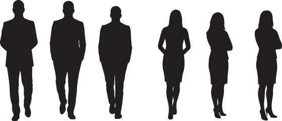 Six Black Silhouettes of Business People Standing and Walking women