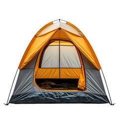 Front-facing shot of a partly open, orange-and-gray camping structure with a black background