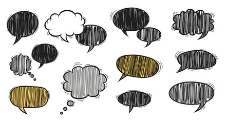 A collection of diverse hand-drawn thought bubbles and speech bubbles representing communication and ideas.