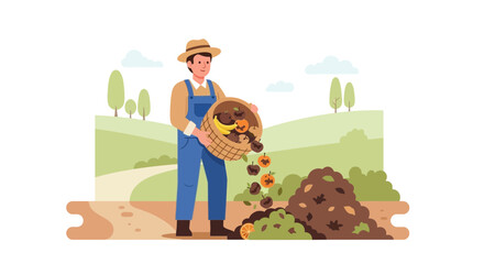 Fototapeta premium Farmer Composting Organic Waste to Enrich Soil for a Sustainable Garden Illustration