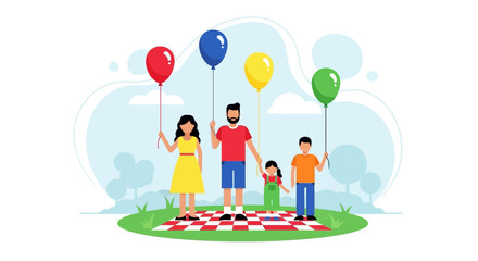 Fototapeta premium Family Celebrating Outdoor Happiness Holding Colorful Balloons for Joyful Moments and Summer