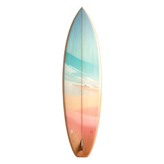A surfboard with a painted gradient of sky and beach colors, against a black background