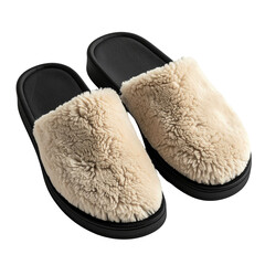 Cozy beige and black slippers with fluffy shearling lining. Seen from above on a black background