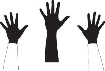 Three black hands raised with white sleeves against a white background raised hand silhouette