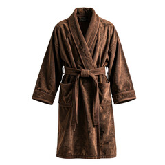 Plush brown bathrobe, textured, tied at waist, with pockets and rolled cuffs, against a dark background