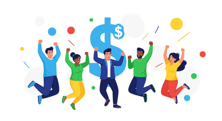 Excited diverse people celebrating financial success with a dollar sign background