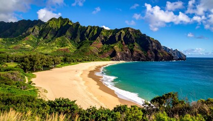 Fototapeta premium Tropical beach with lush green mountains, turquoise water, and a wide sandy shore