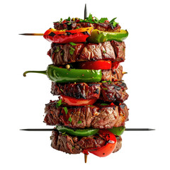 Skewered tower of grilled steak, peppers, and tomatoes, on a black background
