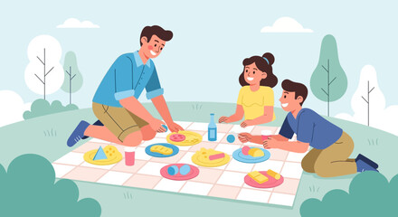 Family enjoys picnic outing on a sunny day in a park setting outdoors