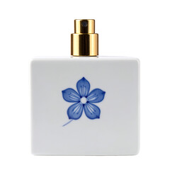 Square perfume bottle, white ceramic with blue floral design & gold atomizer