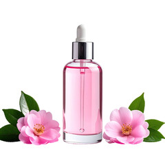 Pink liquid serum bottle w/ dropper, framed by pink blossoms and green leaves, on black