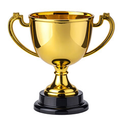 A golden trophy with a black base. It has two handles and is isolated on a black background