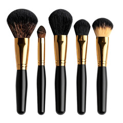 A close-up view of five makeup brushes with black handles and gold accents