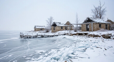 A desolate winter landscape with abandoned stone ruins along a dynamically ice-whisked shoreline, capturing nature's relentless power and the stark beauty of frozen decay