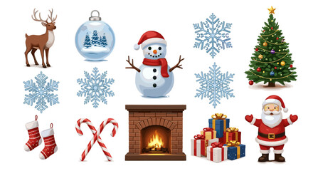 Illustration showcasing christmas elements including a reindeer ornament snowman and christmas tree scene