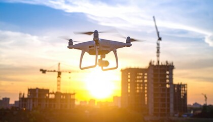 Drone flying over a construction site at sunset, capturing aerial views of ongoing building activities