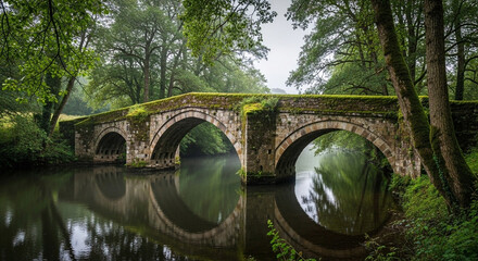 Ancient moss-covered stone bridge arches over a calm river, reflections blending with lush green forest. A harmonious mix of enduring architecture and pristine nature, a peaceful escape