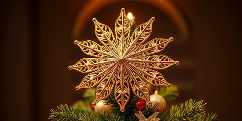 Ornate gold star tree topper with glittering accents, holiday, star