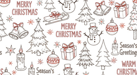 Fototapeta premium A festive christmas themed pattern with christmas trees snowmen gifts and holiday greetings scattered about
