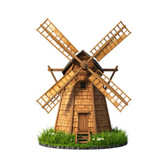 A detailed rendering of a classic wooden windmill surrounded by grass and small white flowers