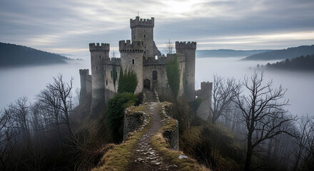 Ancient stone castle shrouded in morning mist atop a rugged hillside, with a winding path leading to its formidable entrance, evoking a dramatic and mystical European landscape from a bygone era