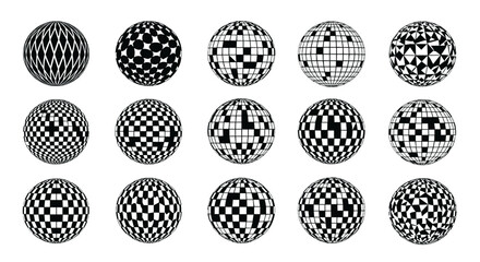 Fifteen ellipsoidal shapes displaying various black and white geometric patterns arranged in rows and columns