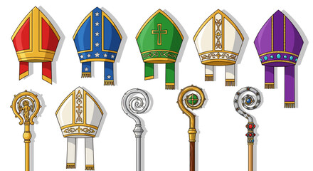 Illustration showcasing an assortment of mitres and crosiers, symbols of ecclesiastical authority
