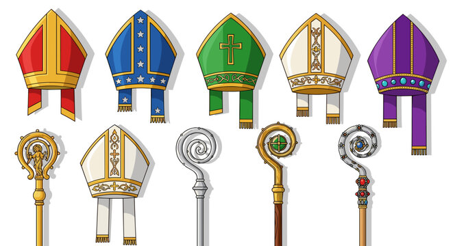 Illustration showcasing an assortment of mitres and crosiers, symbols of ecclesiastical authority