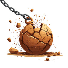 A cartoon image shows a brown wrecking ball mid-impact, with chunks of debris flying