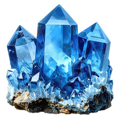 Cluster of radiant, faceted blue crystals on a rocky base, shimmering with internal light