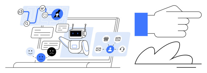 AI chatbot interacting through messages, icons, content workflows, faces, and service options on a laptop. Ideal for automation, customer support, technology, feedback innovation efficiency simple